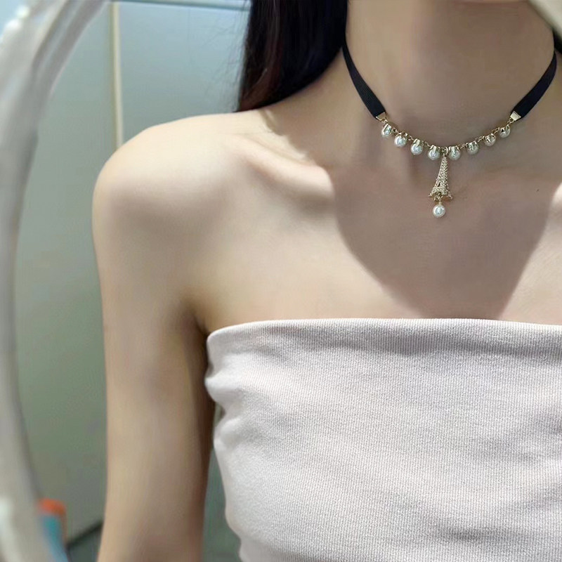 七夕礼物埃菲尔铁塔珍珠项链女链条锁骨链颈链小众高级感D家新款