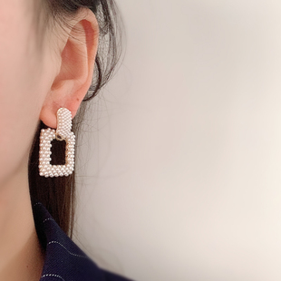 奥米迪奥几何珍珠黑白珍珠耳钉耳环长款气质百搭简约新潮款女耳饰