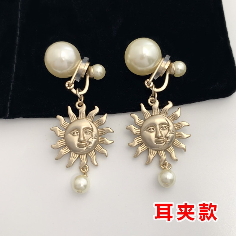 太阳花吊坠珍珠耳夹女D家新款轻奢高级感无耳洞无痛气质百搭耳饰