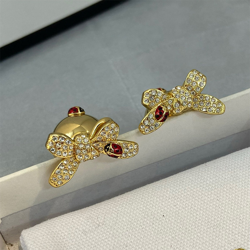 瓢虫蝴蝶结镶钻金球耳环女前后两戴设计高级感轻奢独特耳钉耳饰