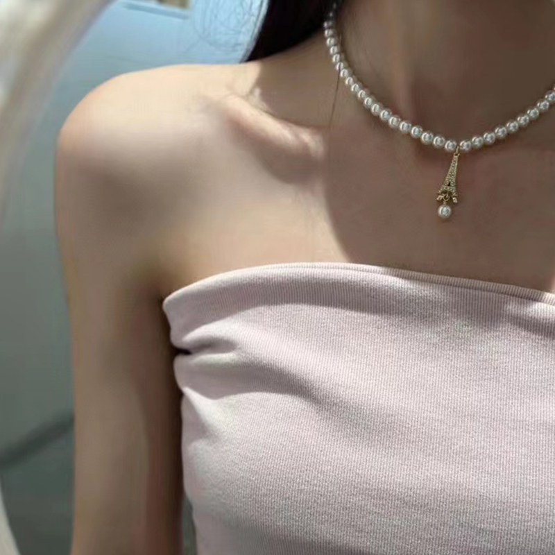埃菲尔铁塔珍珠项链女轻奢百搭复古法式高级感气质颈链D家锁骨链