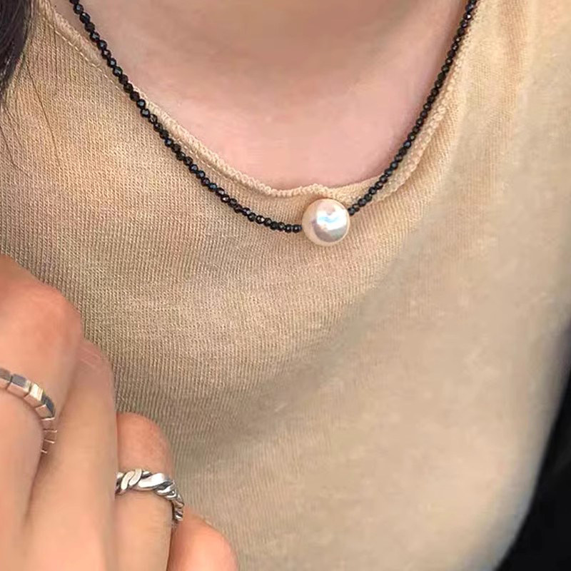 巴洛克天然珍珠黑晶石项链日韩轻奢小众设计叠戴女锁骨链颈链D家