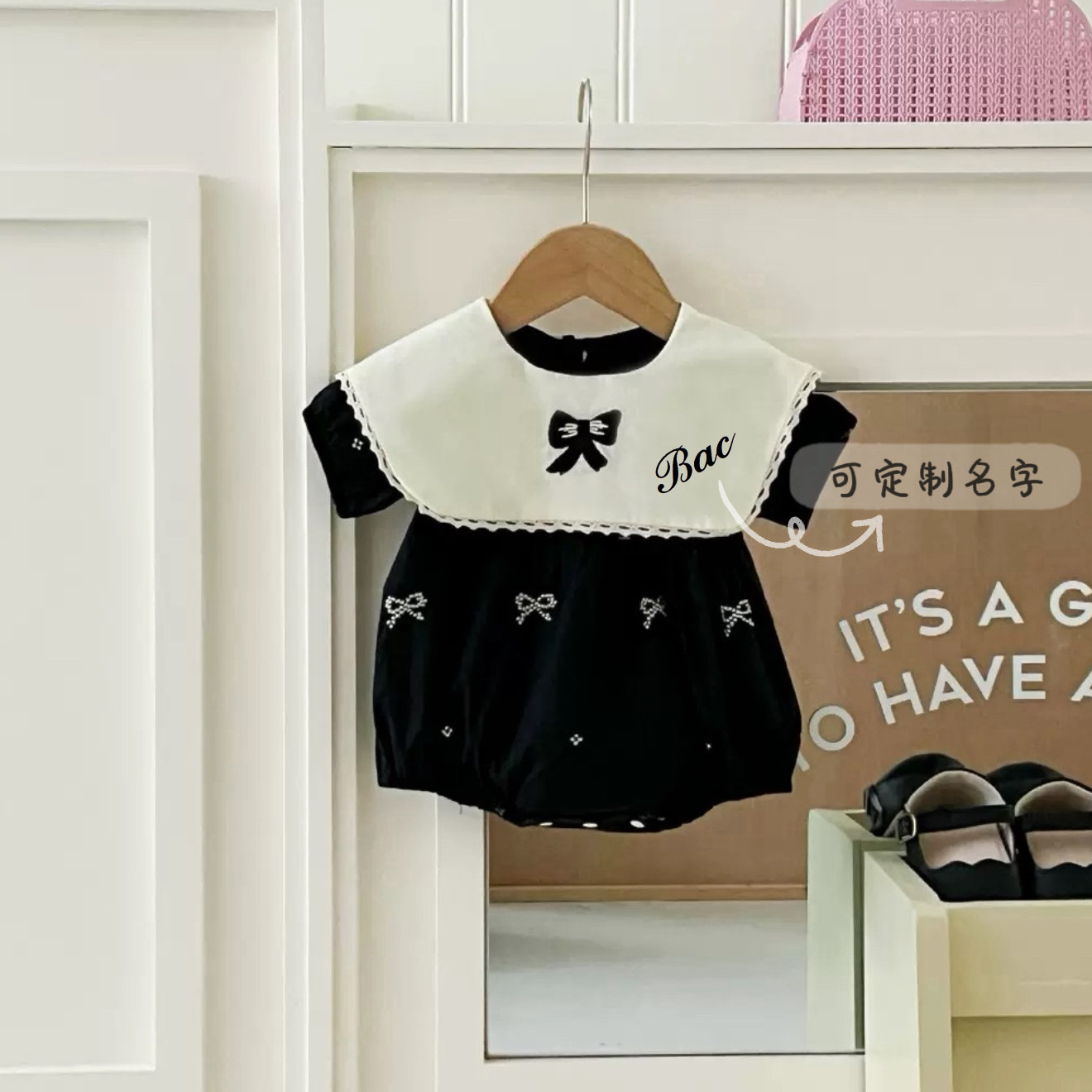 【可定制名字】Bulubaby夏季新生儿宝宝衣服翻领蝴蝶结短袖包屁衣