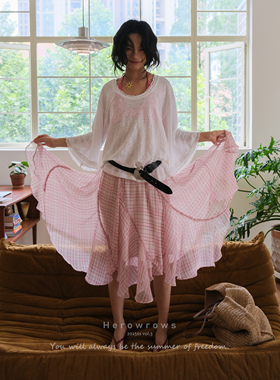 Herowrows25新品 轻盈格纹层次荷叶边量感不规则雪纺半身裙