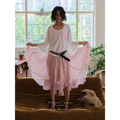 轻盈格纹层次荷叶边雪纺半身裙