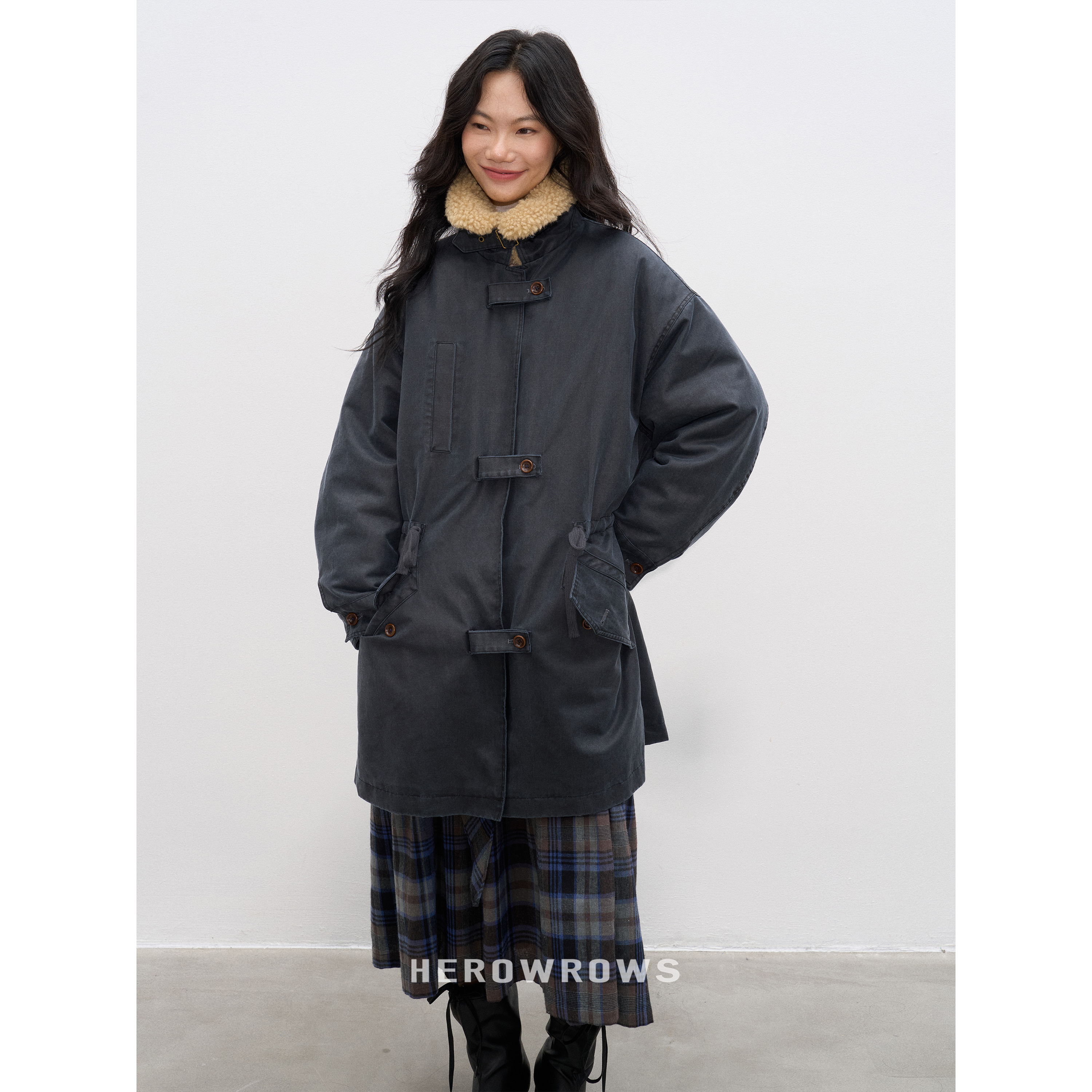 复古油蜡布可抽绳收腰棉服外套