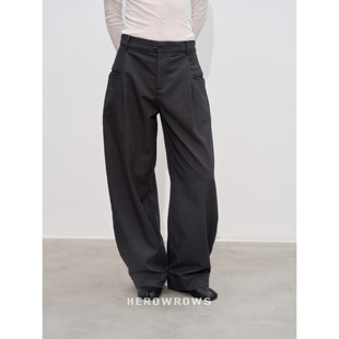 随性立体廓形弯刀休闲西裤 单褶弧线插袋 深灰色 25AW Herowrows