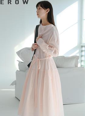 Herowrows   匹马棉浅粉长袖连衣裙  慵懒垂褶领系绳绑带大摆裙