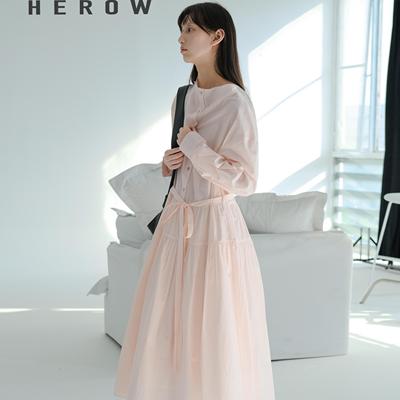 慵懒垂褶领系绳绑带大摆裙