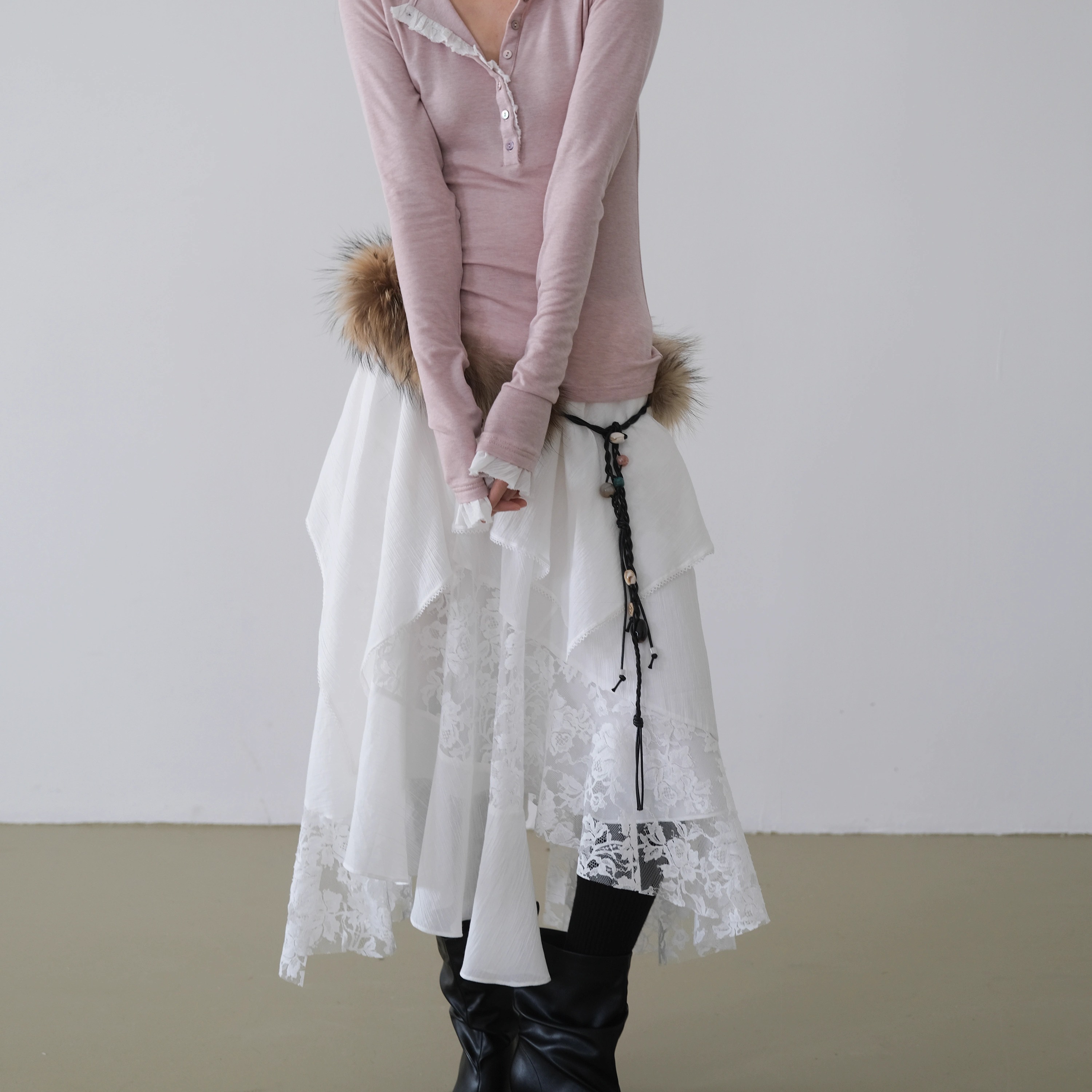 HEROW 多层次设计感浪漫白裙不规则荷叶拼接蕾丝半身裙