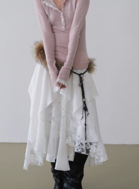 HEROW 多层次设计感浪漫白裙不规则荷叶拼接蕾丝半身裙