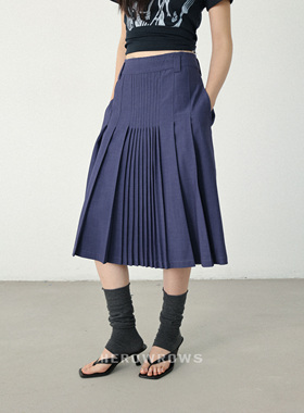 Herowrows 26ss 羊毛混纺法式复古宽窄压褶A字毛边腰头紫色半身裙