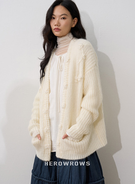 Herowrows25新品羊毛马海毛手工立体花针织开衫 蓬松慵懒毛衣外套