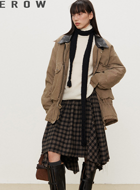 HEROW  磨毛格纹不规则散边中长半身裙 打揽橡筋腰头伞裙