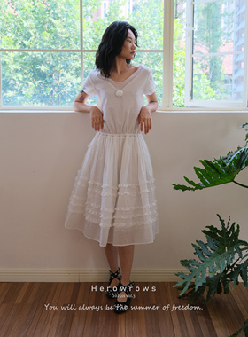 Herowrows25新品 手工花朵亲肤棉质 多层蕾丝荷叶清透感连衣裙