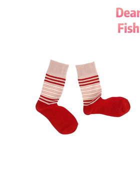 DEAR FISH 【肉桂卷】红色秋冬女袜时尚日系复古横条棉中筒袜