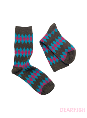 【苏格兰菱】dearfish2025年新款中筒女袜全棉复古菱形格双针棉袜