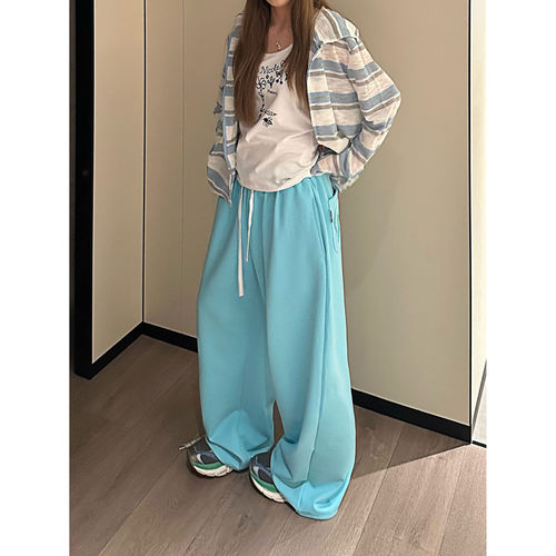 慵懒风松紧腰抽绳阔腿卫裤女长裤