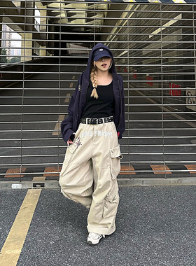 NNK美式复古四大口袋设计感灰色工装裤男女宽松休闲直筒阔腿长裤