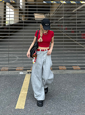 NNK美式复古运动休闲卫裤春季男女宽松直筒休闲裤花灰色裤子潮