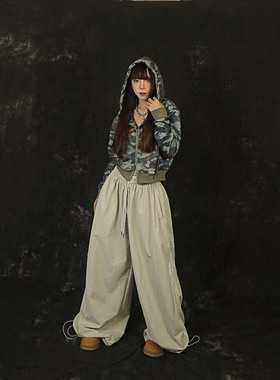 NNK 2025美式复古侧边三条杠抽绳阔腿裤男女宽松百搭运动拖地长裤