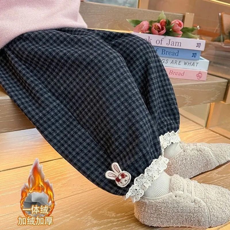 女童加绒裤子儿童一体绒裤子秋冬款女童裤子卡通加绒灯笼裤束脚裤