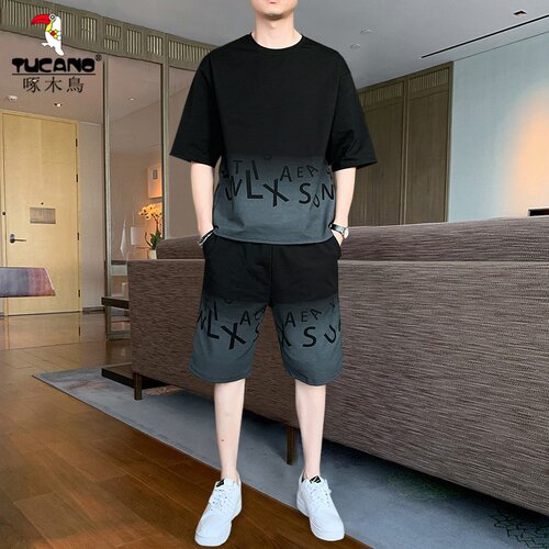 啄木鸟新款套装夏季薄款冰丝帅气衣服短袖T恤短裤运动休闲男装潮