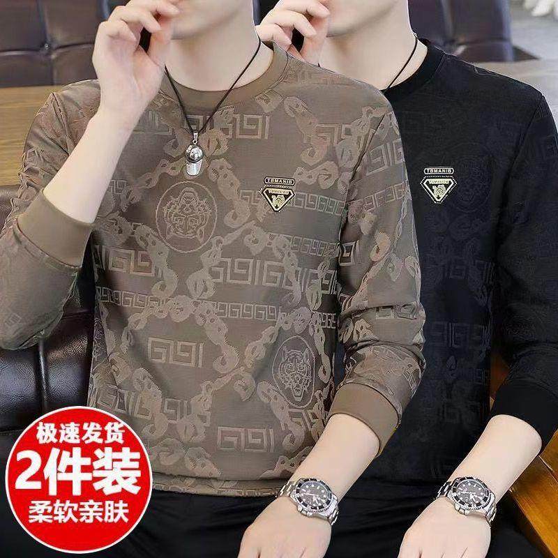 啄木鸟t恤男士长袖春秋季新款提花修身打底卫衣潮流圆领上衣体恤