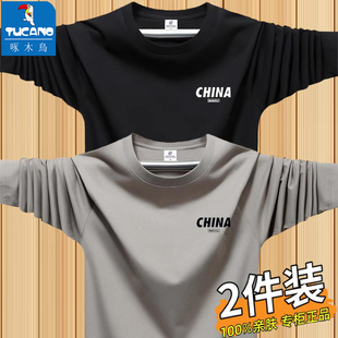 啄木鸟长袖t恤男春秋季圆领宽松大码潮流打底衫男款秋衣体恤上衣