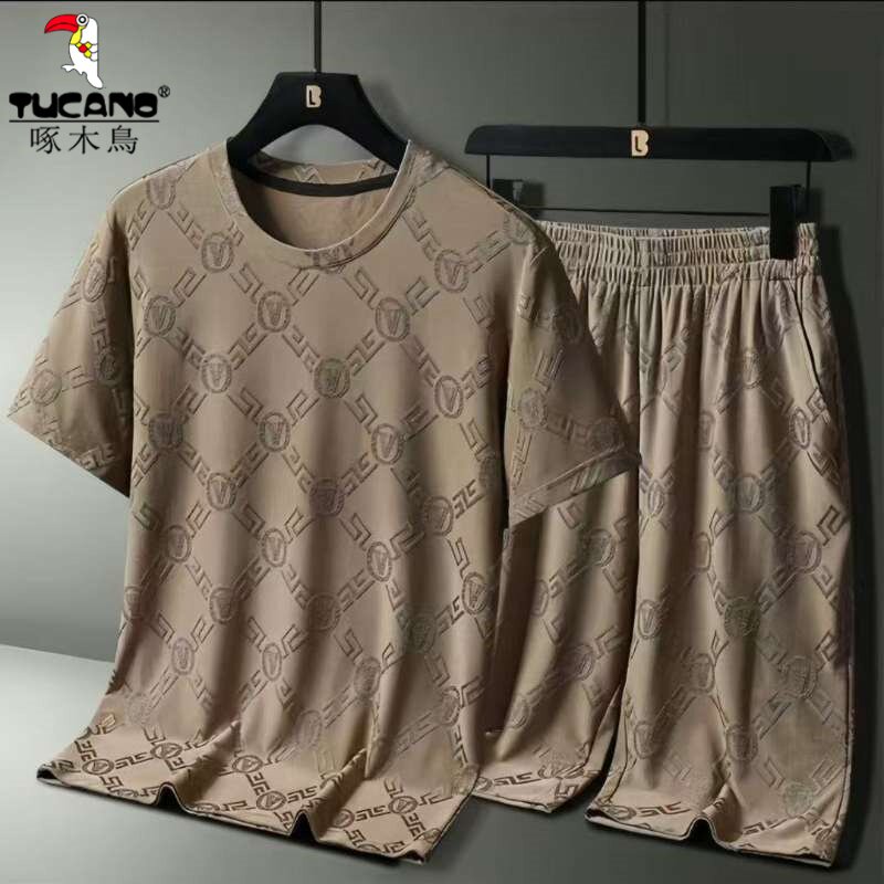 啄木鸟夏季冰丝运动套装男士睡衣冰感透气速干中青年休闲两件套装