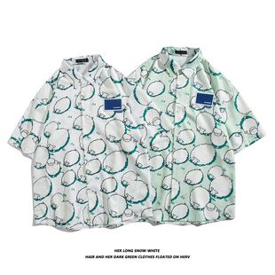 悟空有货夏季原宿风卡通兔子满印短袖衬衫男复古宽松情侣休闲衬衣