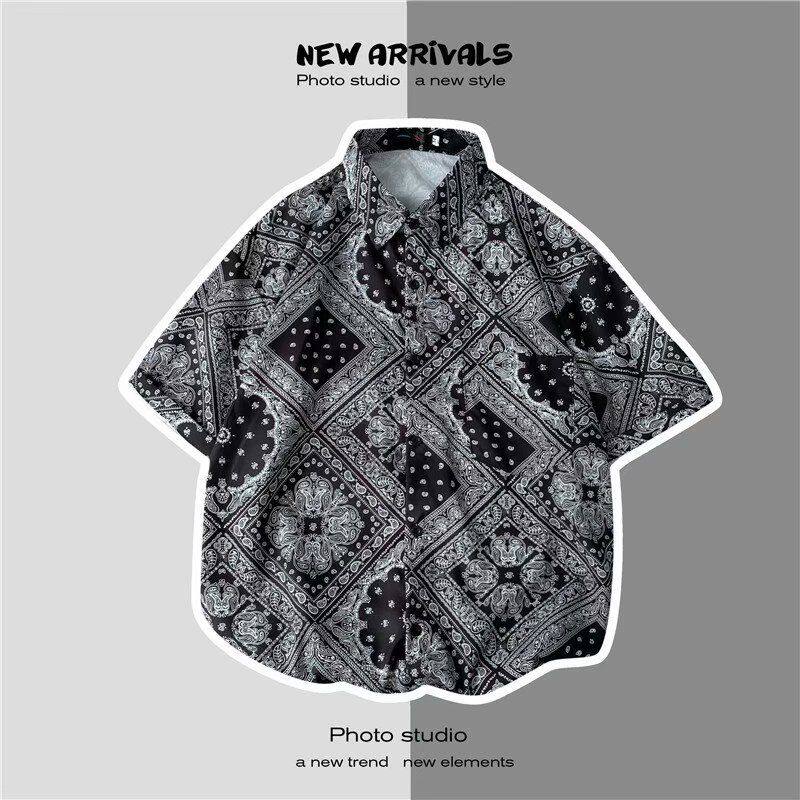 西海岸欧美高街嘻哈复古腰果花短袖衬衫男潮牌设计感小众休闲衬衣