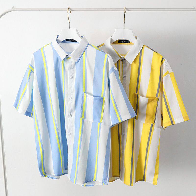 潮流口袋竖条纹衬衫男短袖夏季潮流ins宽松休闲衬衣服高级感寸衫