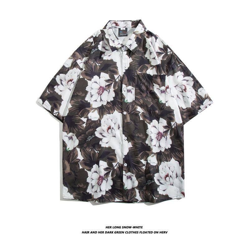 夏季花朵冰丝大码短袖衬衫男宽松胖子五分袖衬衣发型师潮牌情侣装