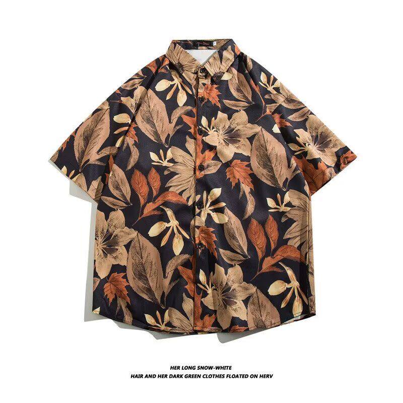 短袖夏季海边国潮休闲古巴领沙滩花衬衫男青少年欧美风衬衣