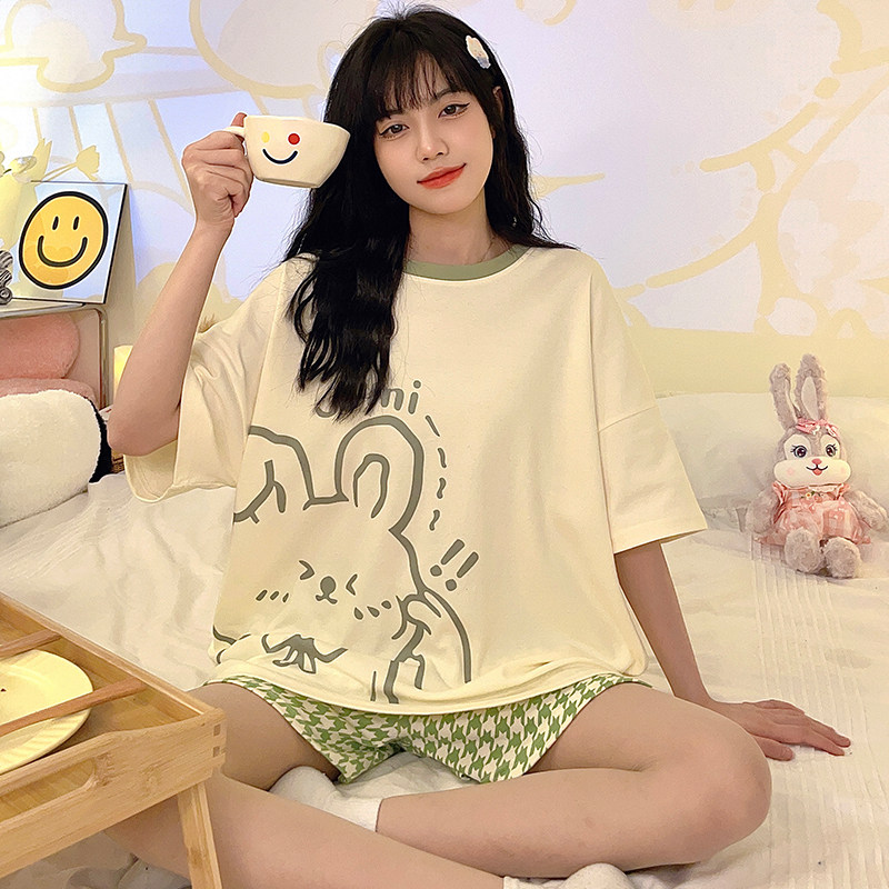 官方睡衣女夏季纯棉短袖套头2023新款可爱兔子少女网红家居服套装