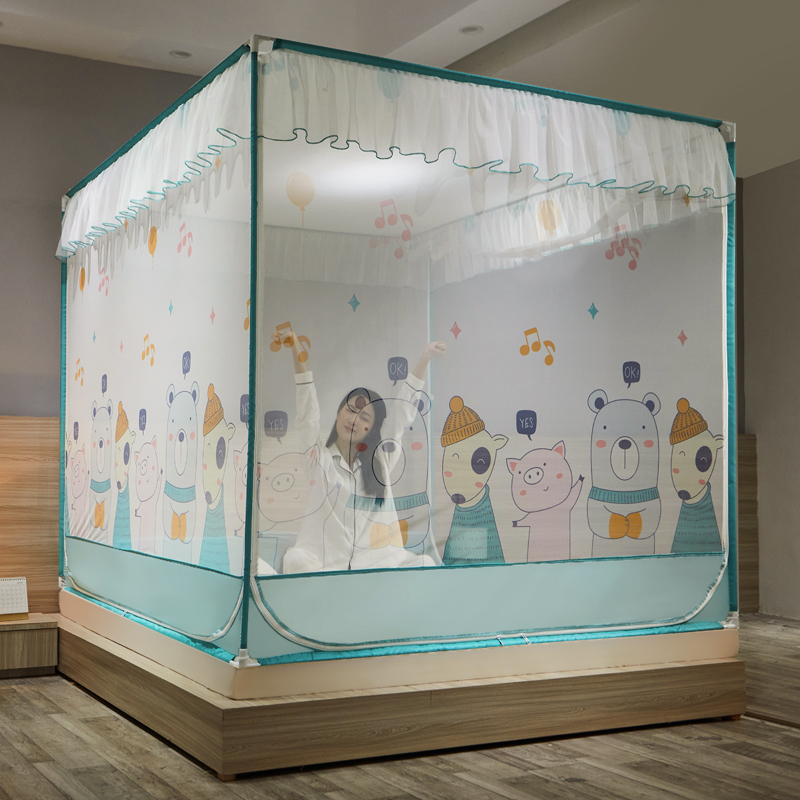 2023新款 三开U型门外穿杆印花床笠式防摔坐床蚊帐