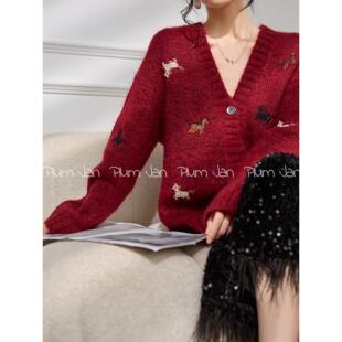 氛围感百搭显白外套2025新款 Plum 冬季 红色v领针织开衫 毛衣女 Jan