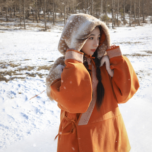 瑞雪风帽 原创毛绒汉服帽子保暖小鹿小红帽首服 bi入汉服风帽