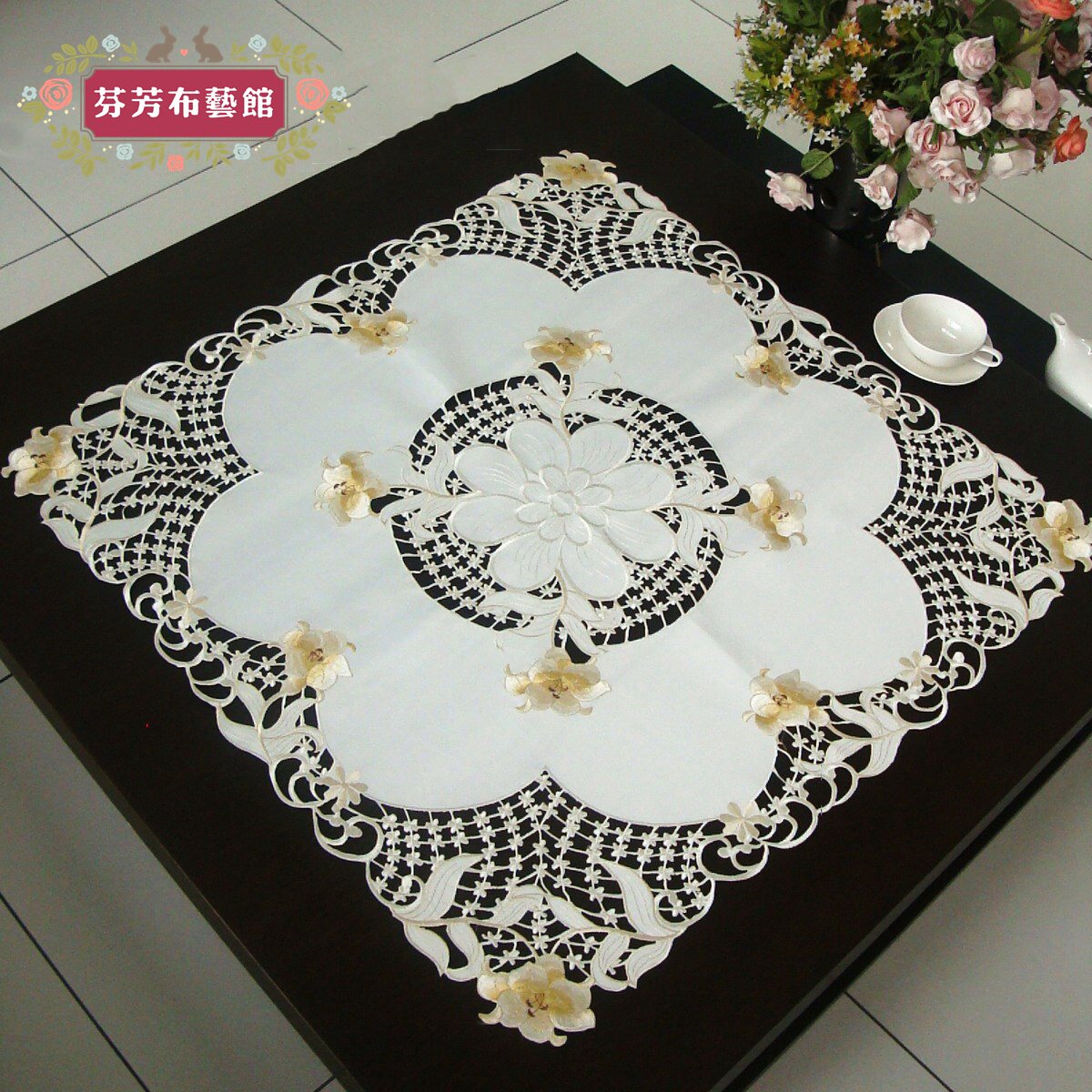 外贸欧式刺绣花布料桌布台布茶几巾电视冰箱床头柜多功能盖巾布艺
