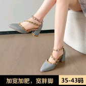 适合宽胖脚 脚肥脚宽铆钉尖头粗跟包头高跟鞋 加肥加宽大码 女鞋
