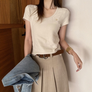 显瘦弹力舒适短袖 .COM圆领修身 T恤女潮86063 欧洲站2026春夏新款