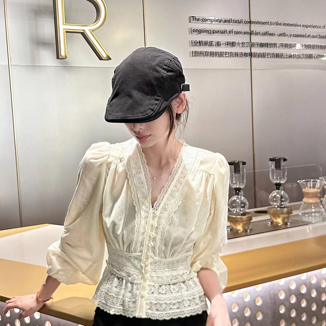 修身街头排扣长袖丝绒拼接衬衫