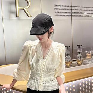 新款 拼蕾丝V领收腰衬衫 甜酷法式 女 .COM设计师款 欧洲站2025秋季