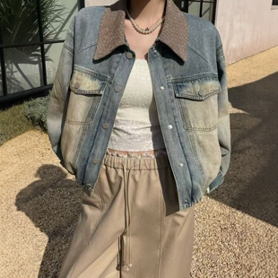 .COM拼色翻领做旧磨白复古牛仔外套女25332 欧洲站2026春季 新款