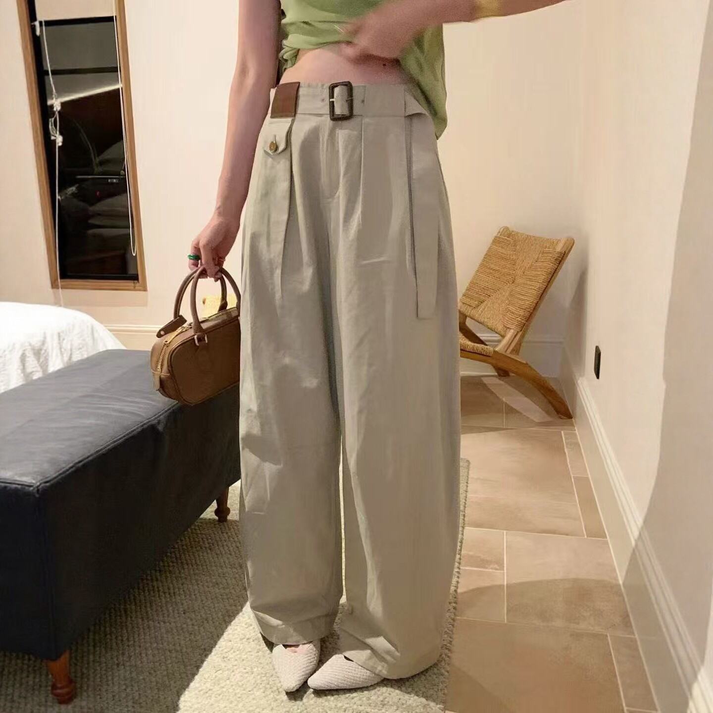 欧洲站2026春季新款V+.COM高腰显瘦拼接口袋百搭阔腿休闲裤女6685