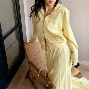 新款 套装 拉链卫衣抽绳直筒裤 .COM拼蕾丝连帽长袖 欧洲站2026春季