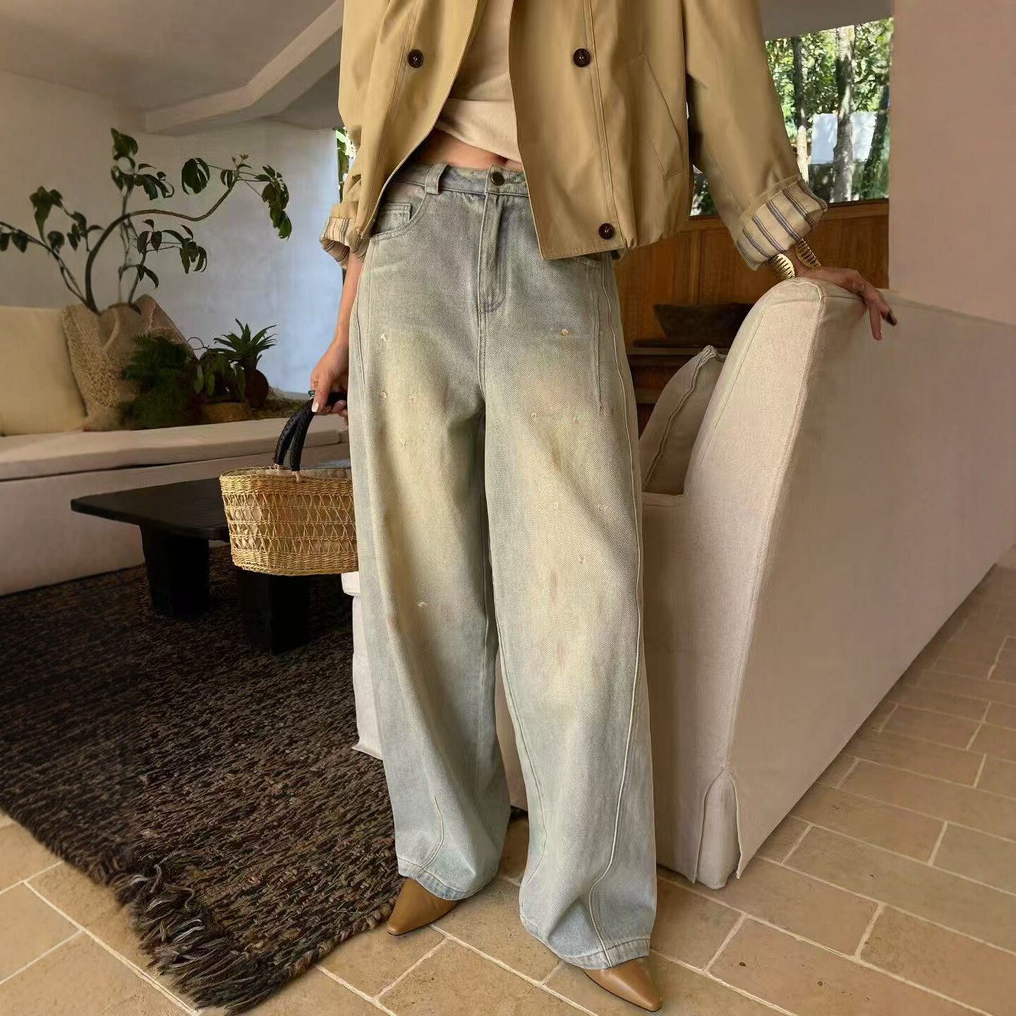 欧洲站2026春季新款V+.COM浅蓝色做旧亮片垂感直筒牛仔裤女23260