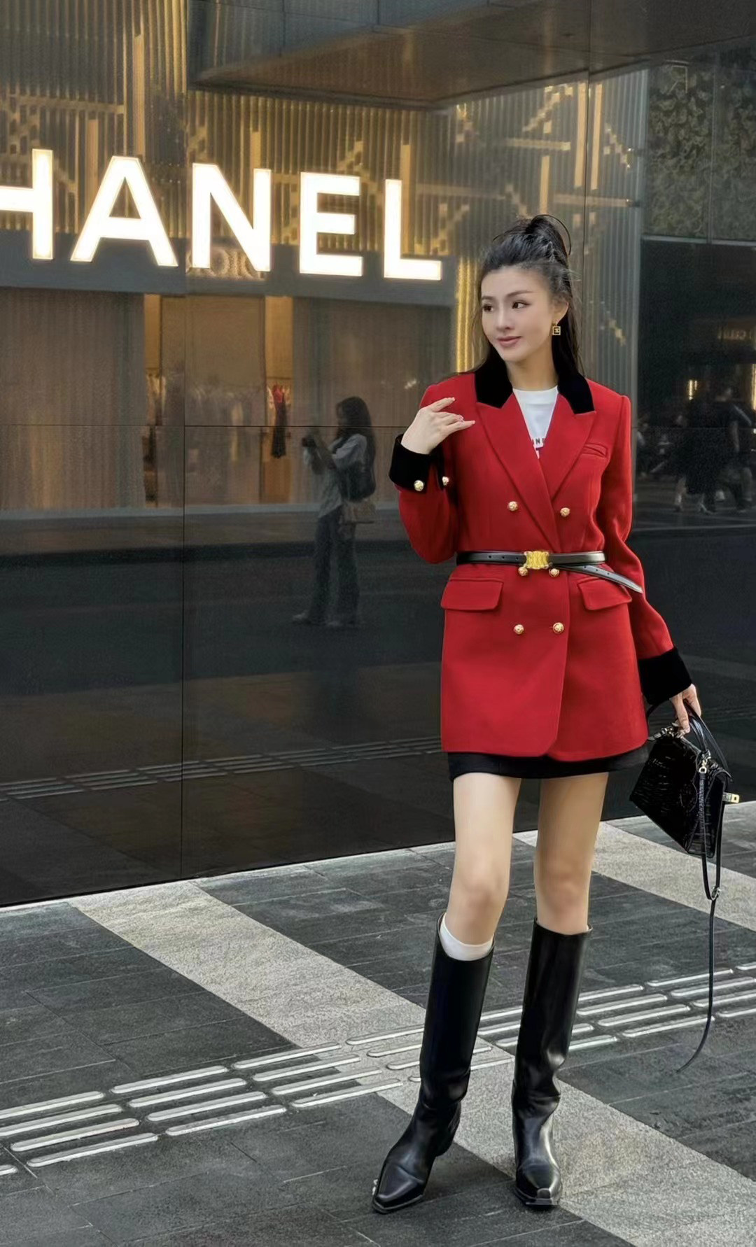 欧美中长款羊毛撞色外套