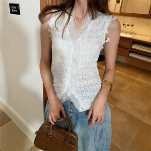 背心女修身 .COM拼网纱V领蕾丝无袖 显瘦上衣 欧洲站2026春夏新款